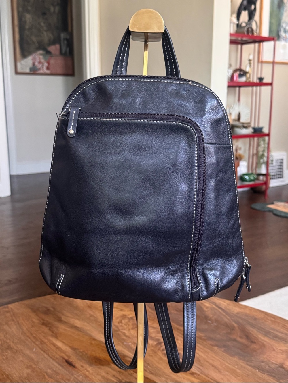 Tignanello Black Genuine Leather Backpack Contrast Stitching Perfect Travel Bag